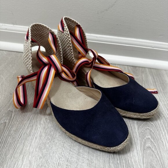 BODEN Cassie Navy Suede Wedge Espadrille Sandals Sz 38 Multistripe Ribbons Boho - Picture 10 of 10